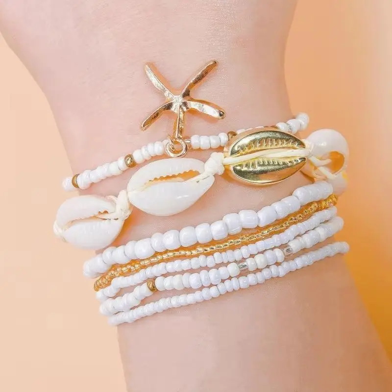 7 Pcs Stackable Starfish Pendant Bracelet Set with Mini Seed Beads - Handcrafted Beach Jewelry for Women