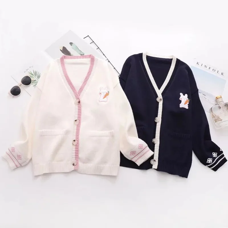Rabbit Coat Y2K Mori Girl Style Casual Loose Solid Color Funny Cardigan V-Neck Sweater Button Coat Knitted Sweater Set Jeans New