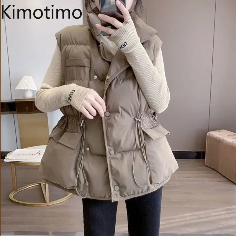 Kimotimo Parkas Vest Women 2024 Winter Stand Collar Waist Waistcoat Jacket Fashion Warm Sleeveless Versatile Quilted Coat Eam