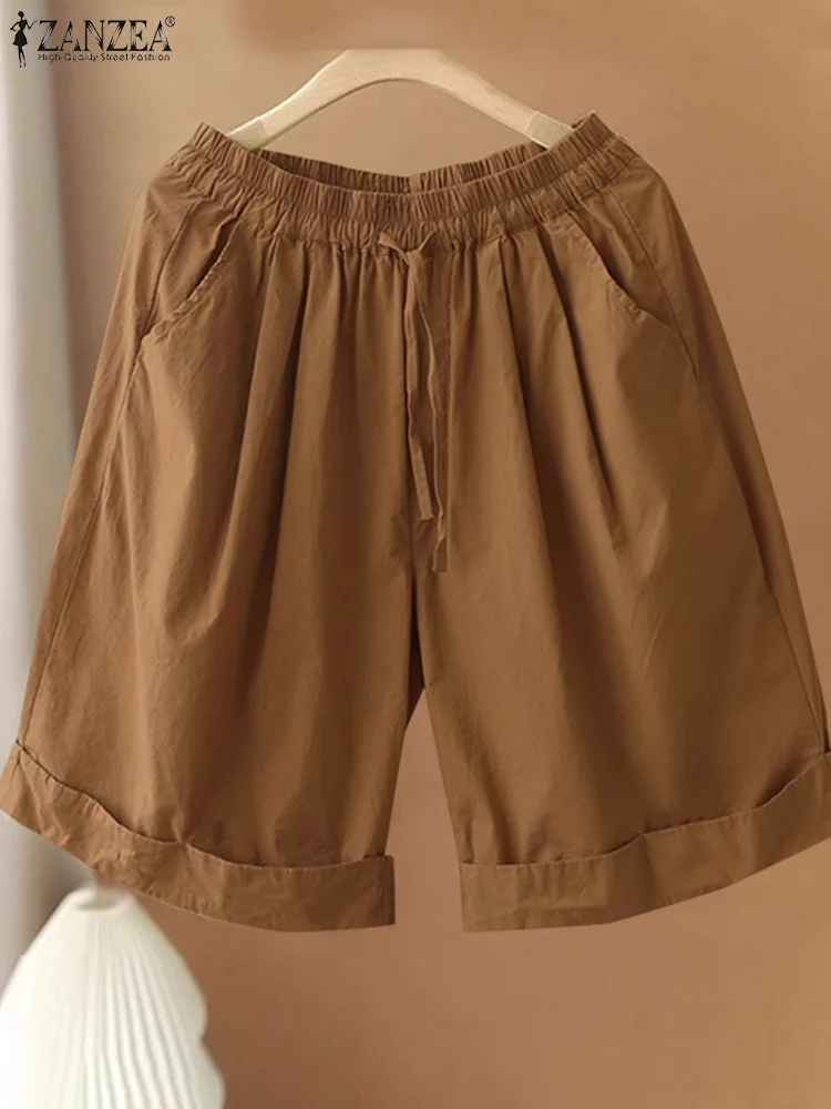 

ZANZEA Women Vintage Shorts 2025 Summer High Elastic Waist Casual Pants Fashion Loose Pockets Bandage Solid Color Shorts Femme