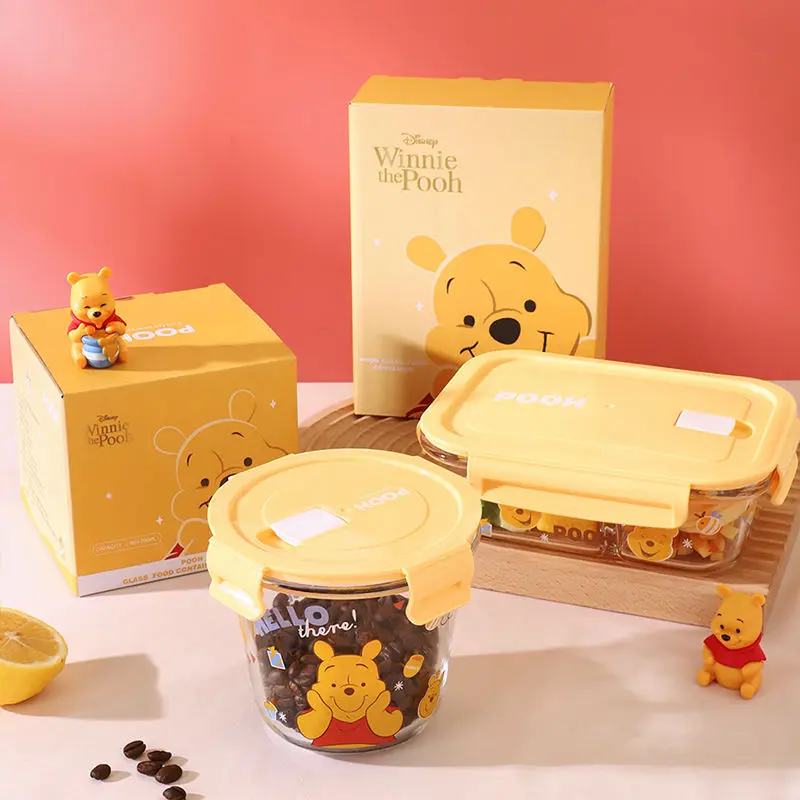 Disney Winnie the Pooh glass lunch box microwave heating office worker special bowl with lunch box storage separate lunch box