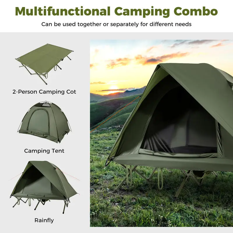 

2-Person Camping Cot Tent Foldable Off-Ground Camping Combo for Adults-Green