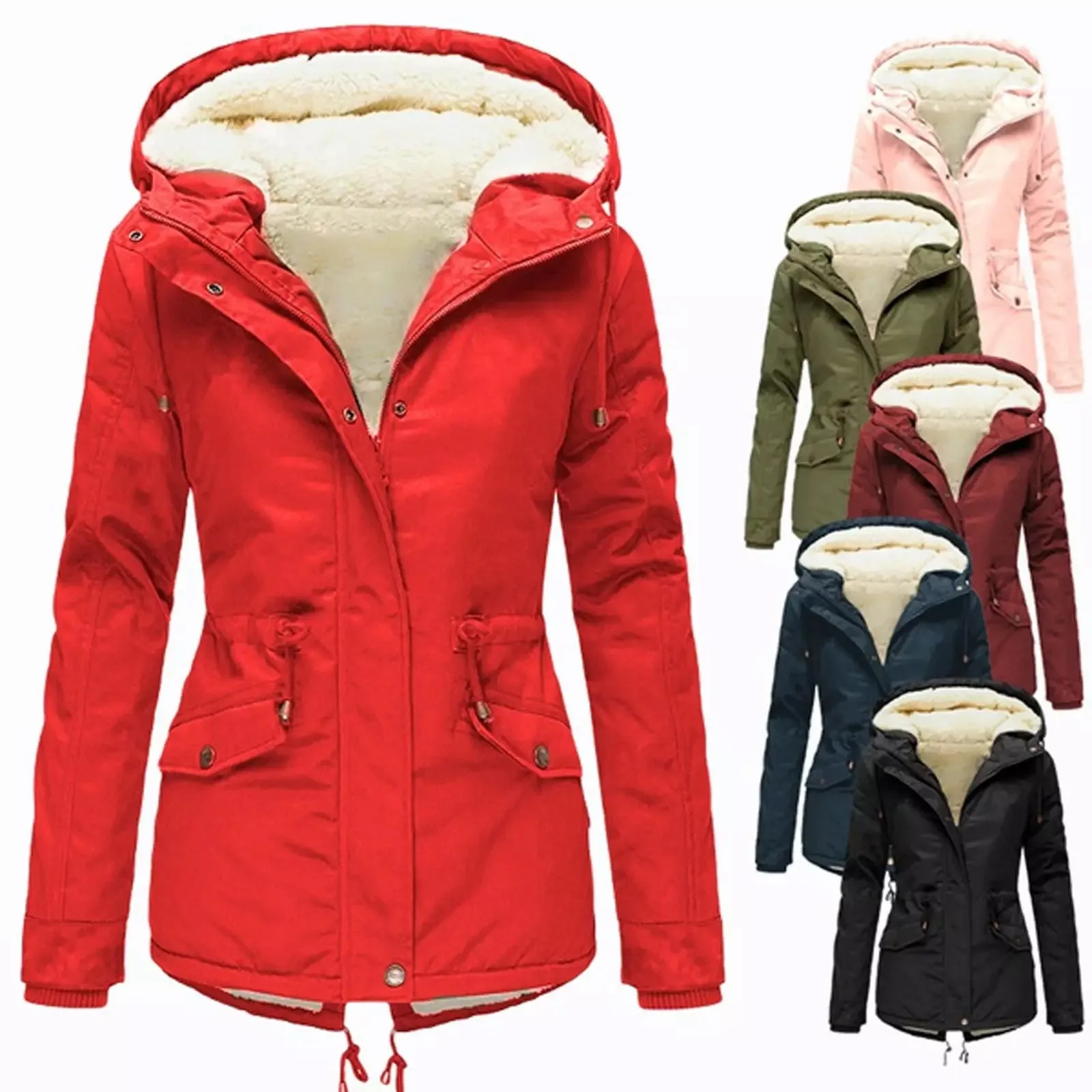 

Women Parkas Hoodies Thick Coats Zipper Full Sleeve Regular Warm Casual Parka Coat Splice Winter Solid Mid Length Jackets