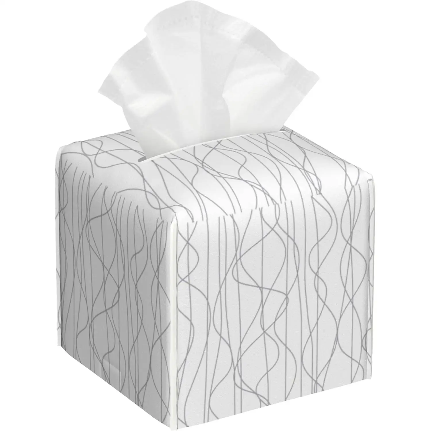 Grey Wavy Striped Tissue Box Cover Abstract Wavy Line Waterproof Leather Square Tissue Box Cover Case Facial Paper