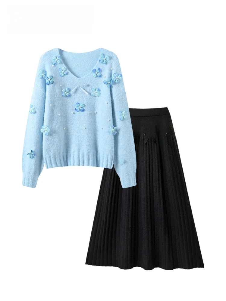 

plus Size Knitwear A-Line Skirt Women's Autumn Winter Faionable Casual Polyester Fiber V-Ne Long Sve Floral Print