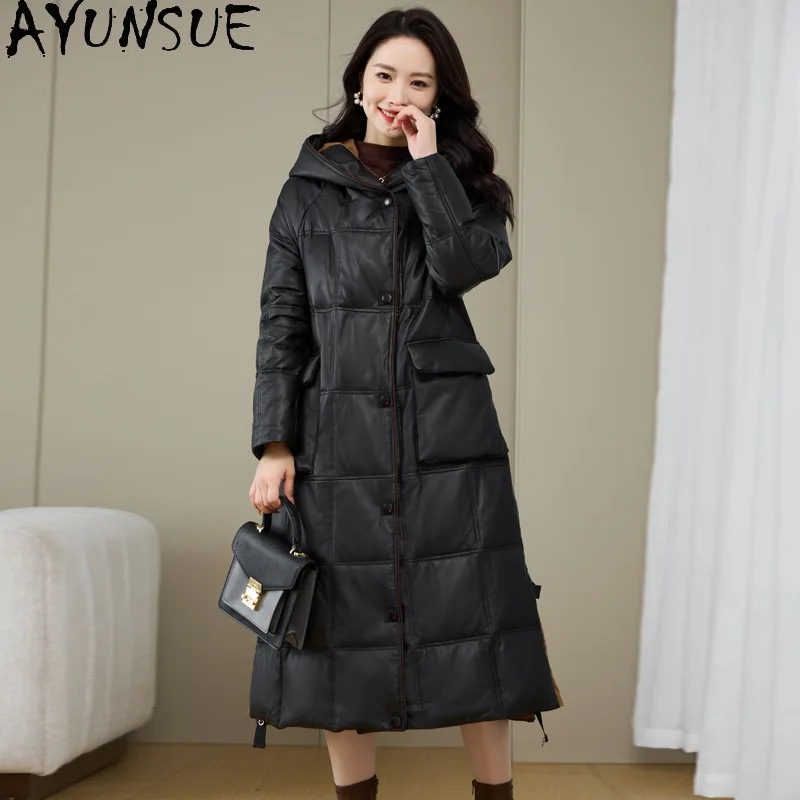 AYUNSUE 100 % Oberschicht Schaffell Echtes Leder Daunenjacke Damen Winterkleidung 2025 Mittellanger 90 % weißer Gänsedaunenmantel