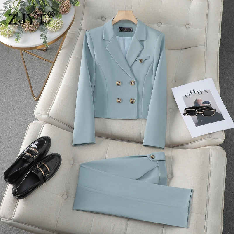 

ZJYT Spring Women's Casual Short Blazer and Pants Set Two Pieces Elegant Outfit Blue Business Chic Trousers Suit Female Workwear