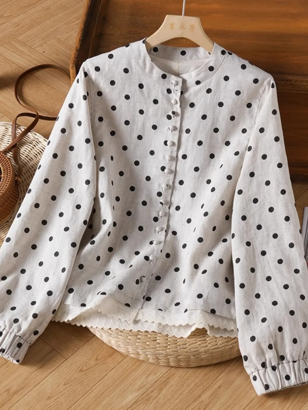 

Casual Cotton Linen Long Sve irt Women Spring Anti-Aging round Ne Open Cardigan Lace Trim Linen Top Artistic Dot Pattern