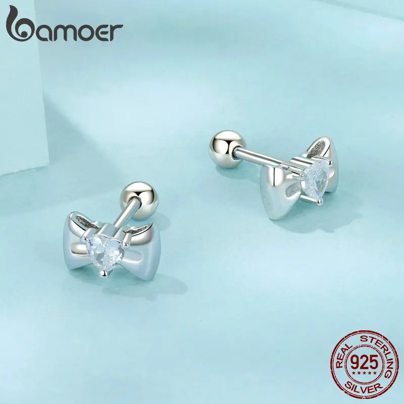 BAMOER 925 Sterling Silver Simple Bowknot Stud Earrings Gold Plated Heart-shaped Earrings for Women Fine Jewelry Gift SCE1748