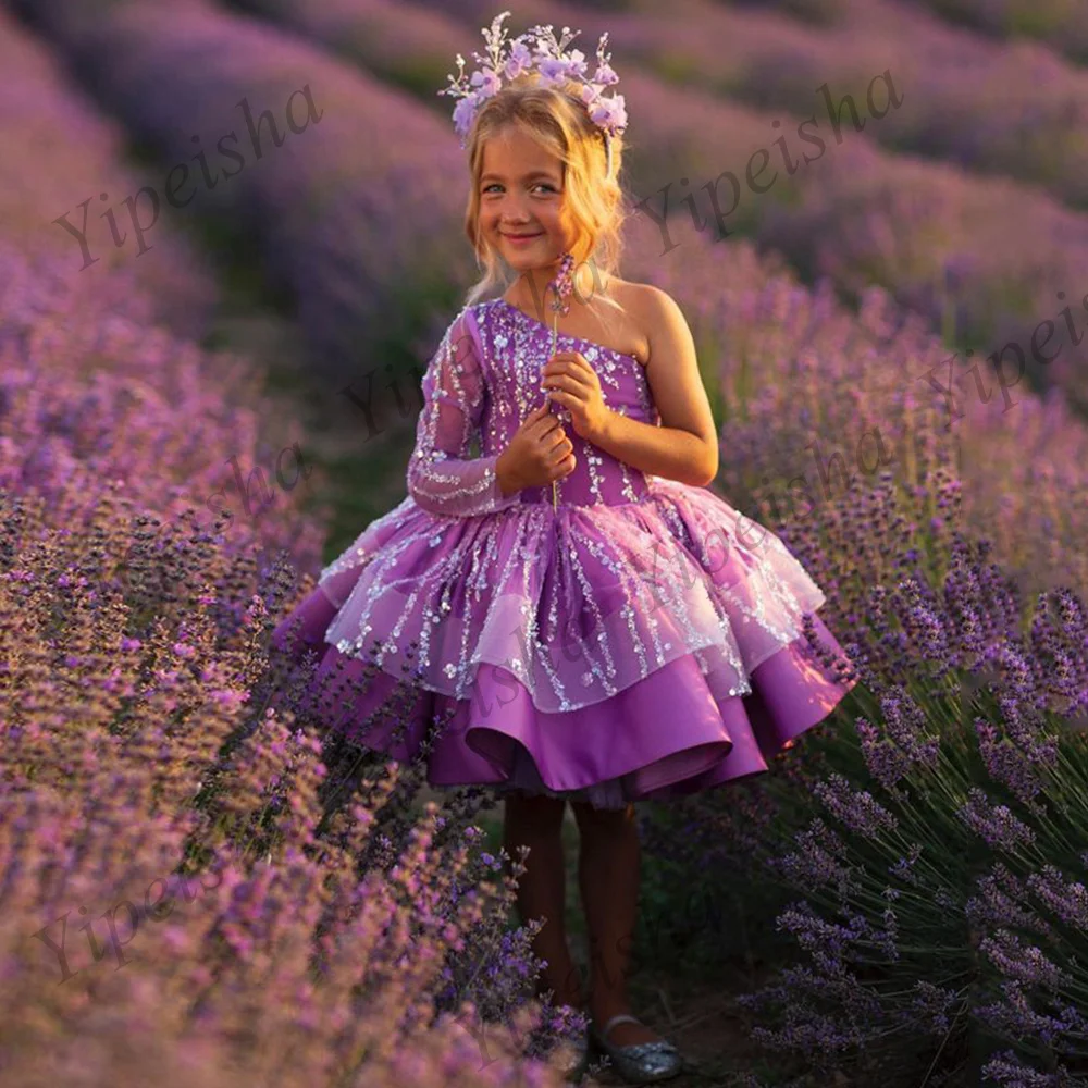 

New Arrival Purple Flower Girl Dress One Shoulder Long Sleeves Beading Sequin Puff Toddler Party Dresses Birthday Communion Gown