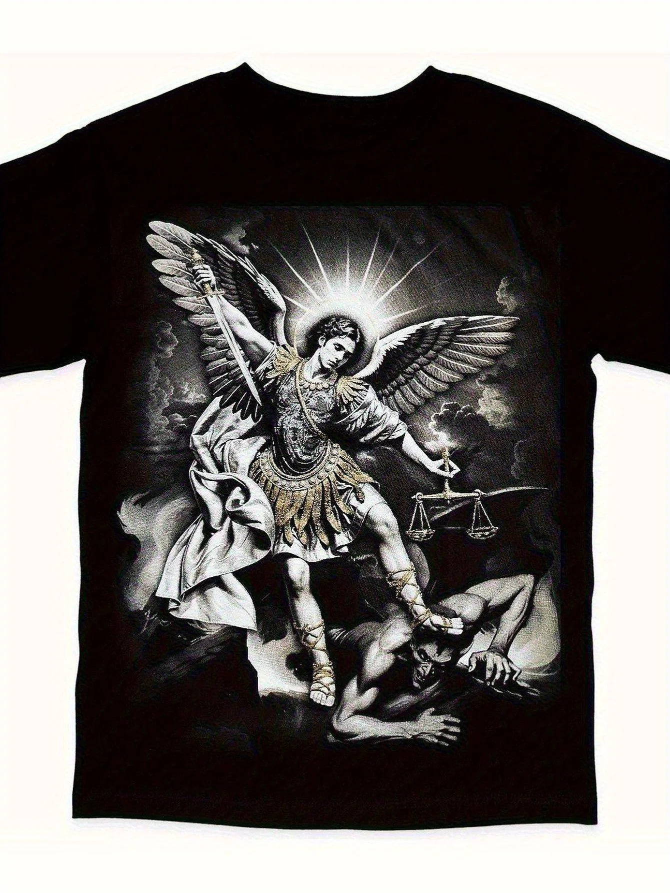 2026 Men's 100% Cotton Archangel Michael Defeating Satan Graphic T-Shirt - Black Regular Fit Lightweight Breathable Short Sleeve