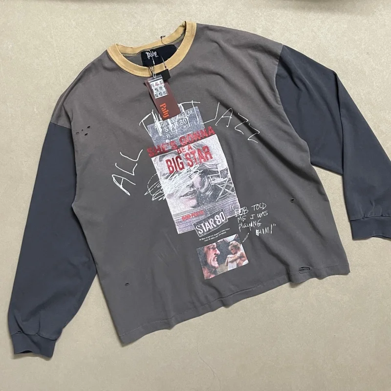 Premium Heavy Cotton Men Long Sleeve T Shirt PALY Contrast Collar Ripped Film Print Loose Tee