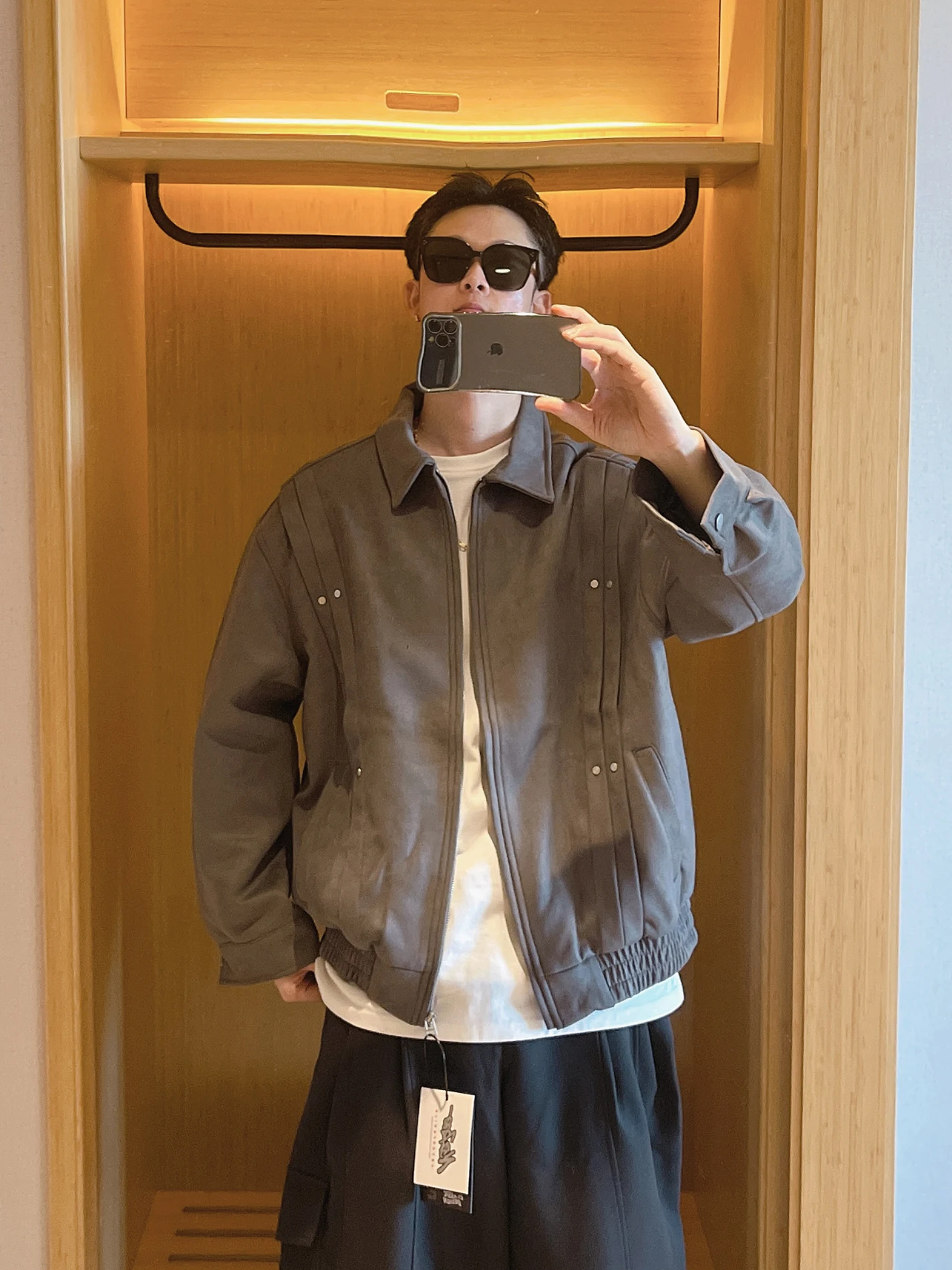 

Autumn New Men's Suede Jaet with Pleated Design Vintage Money Sle Outerwear Casual Faion Brand Polyester Nylon