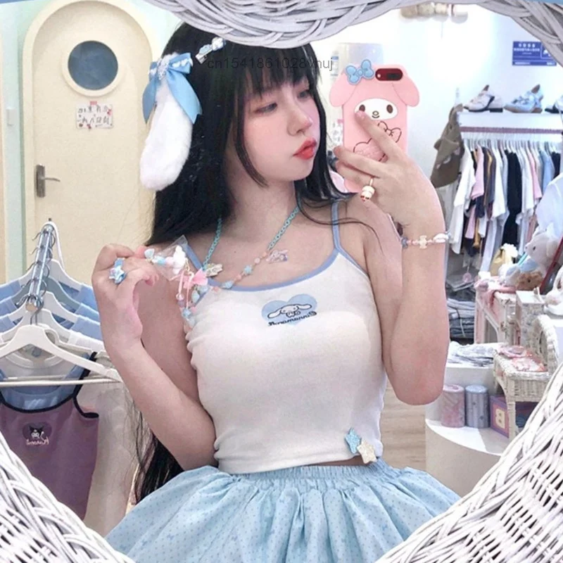 Sanrio Kuromi My Melody Cute Pattern Vest Y2k Summer Suspender Embroider Versatile Sexy Lolita Short Top Corset Crop Female Girl