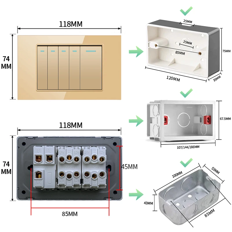 PSSRISE-Prise de courant murale US avec chargeur USB Type-C, panneau en verre du Guatemala, interrupteur d'éclairage, 5V, 2.1A, 118x74mm