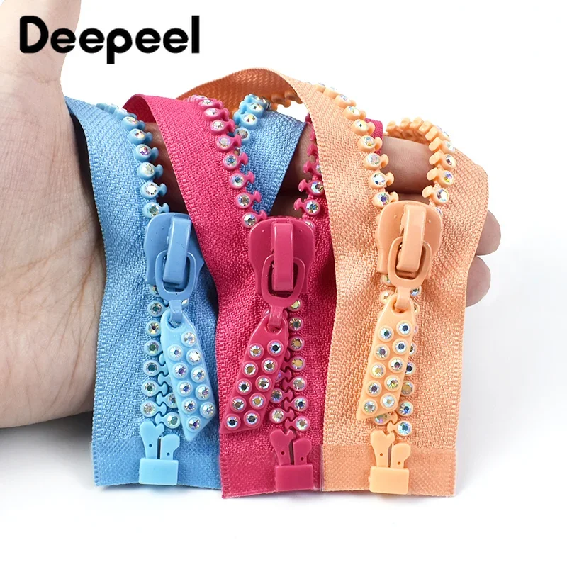 1/2Pcs 10# 60cm Resin Zipper Rhinestone Decor Zip Open End Zips for Jacket Bag Clothes Zippers Repair Kit DIY Sewing Accessory