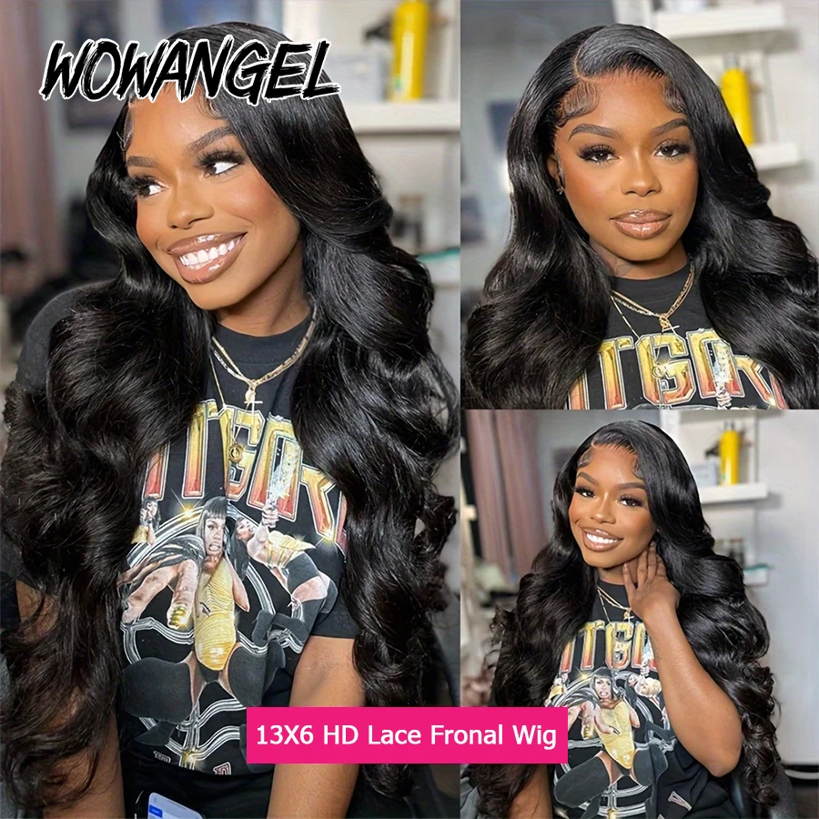 WOWANGEL Jet Black Body Wave Lace Front Human Hair Wig 250% Brazilian Virgin 13x6 HD Lace Full Frontal Wig Pre Plucked For Women view 3