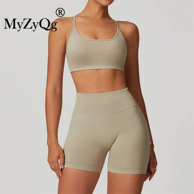 MyZyQg Women Seamless Crossover Back Yoga Bra Shorts Set Summer Sports Quick Dry Top Fitnes Workout Tops 2 Piece Outfit