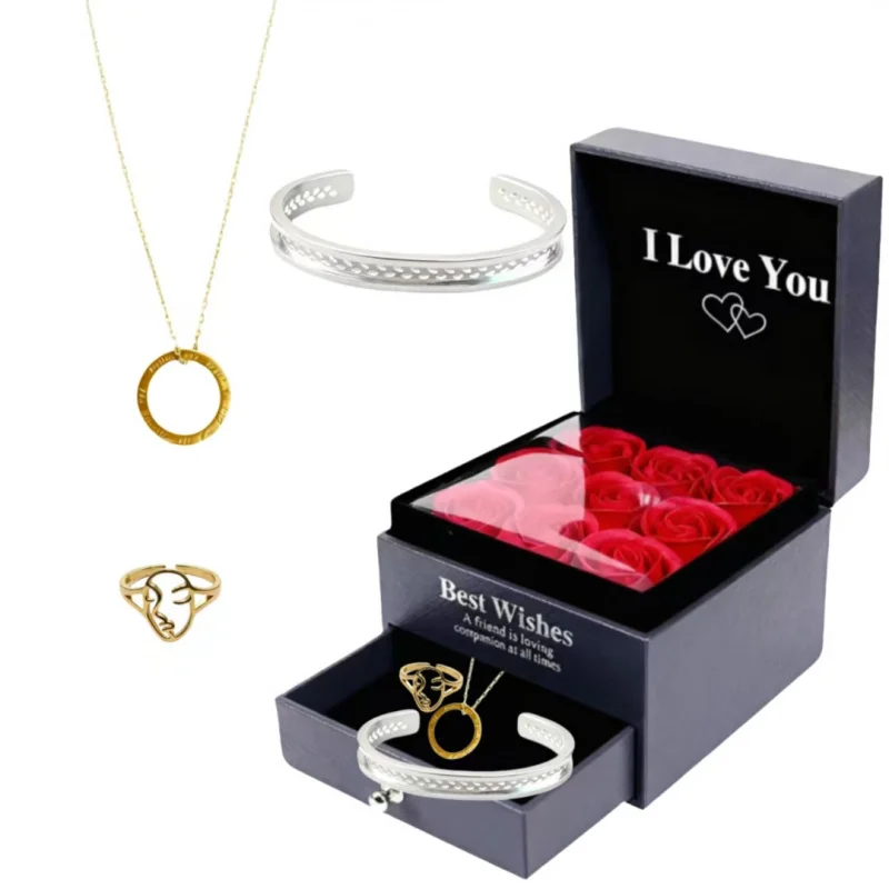 

Romantic Elegant 925 Sterling Silver 3-Piece Jewelry Set - 18K Gold Plated Circle Necklace Olive Branch Bracelet Silhouette Ring