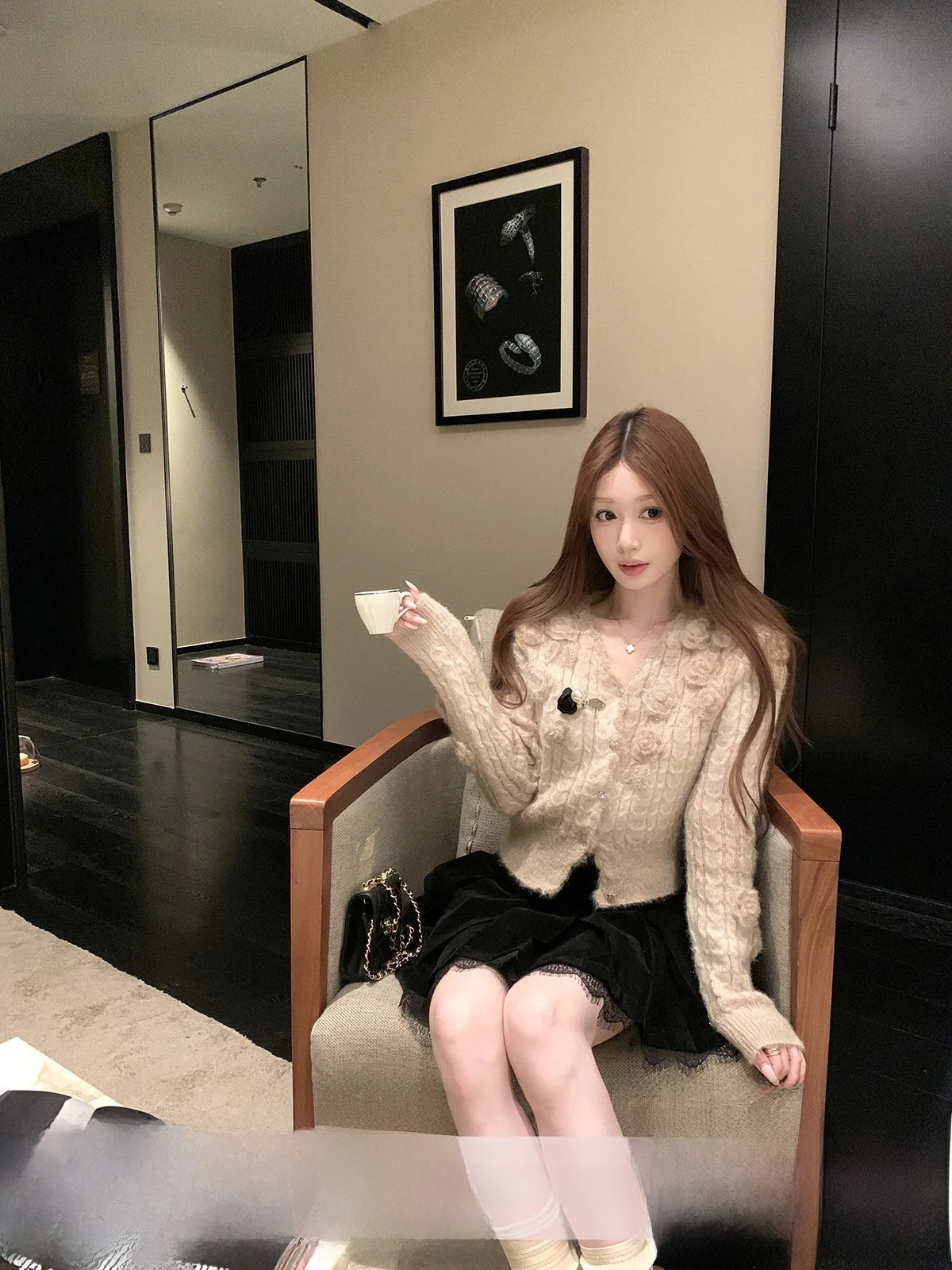 

YOLI Zhang Yuli Women's Knitted Sweater ort Sle Heavy Work Hook Flower Cardigan Slim Fit Autumn Winter Faion Casual Top