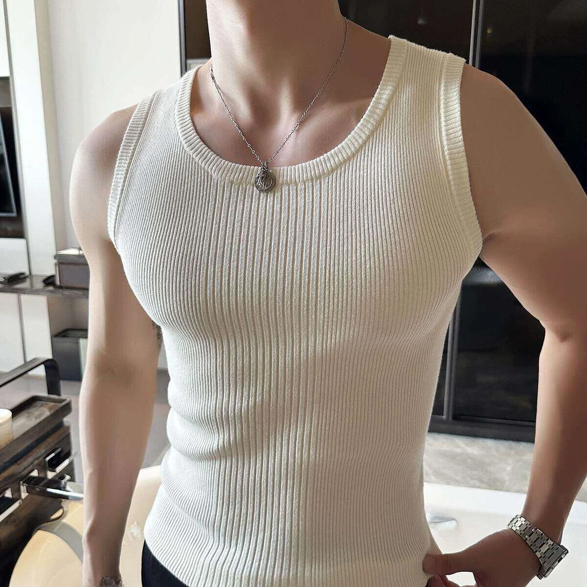 American Style White Muscle Thread Vest Men's Summer Hard Man Sport Fitness Sleeveless Tank Top T-shirt Sweatshirt