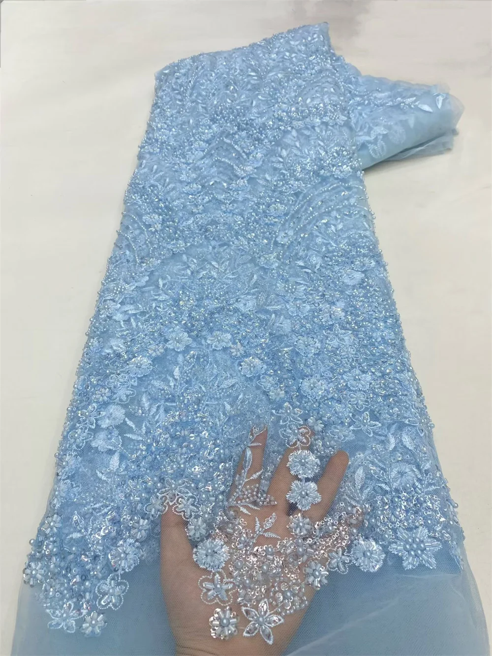 Luxus Apex Blau Spitze Stoff Hohe Qualität 2025, Afrikanische Spitze Stoff Perlen Französisch Nigerian Pailletten Spitze Stoffe Für Nähen H59-1