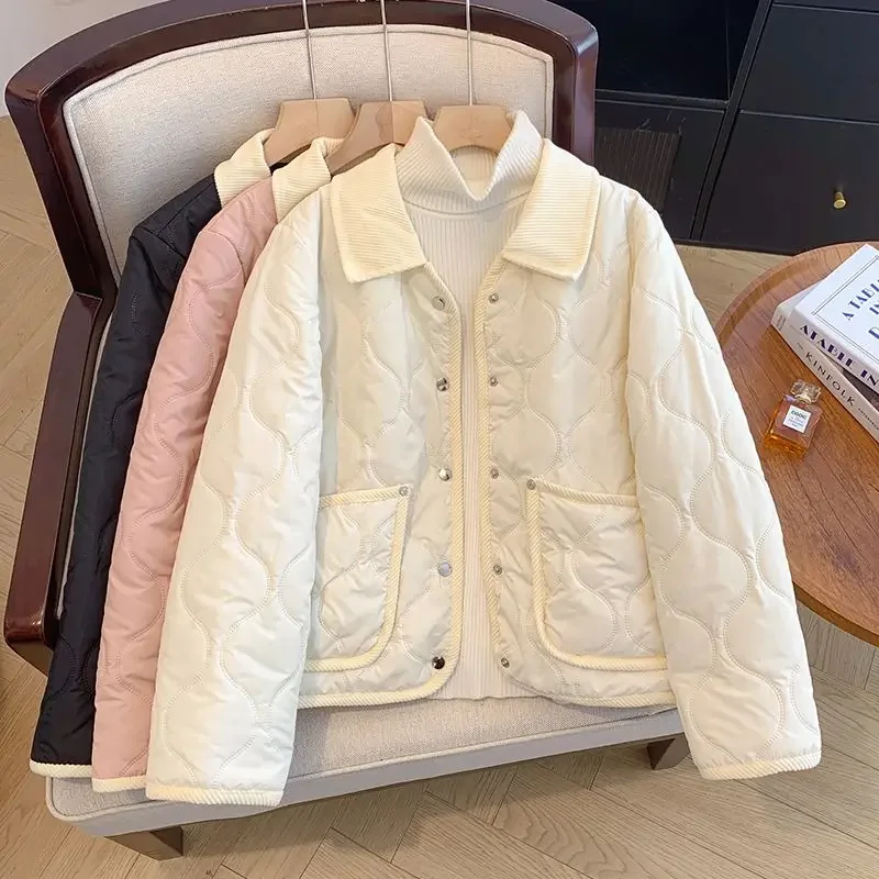 Korean Style Stitched Bear Lingge Coat Women\'s Winter 2024 New Cotton-padded Coat Stitching Lapel Cotton-padded Coat