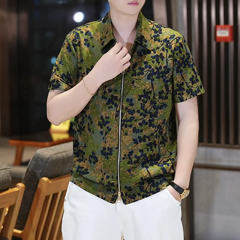 Summer Men's Fashion Casual Ice Silk Short-Sleeved Zip Pullover Shirt