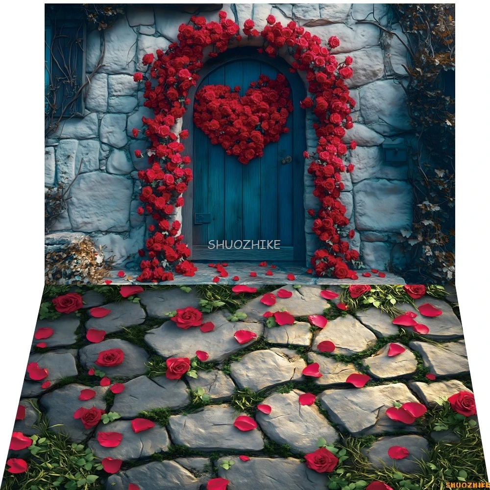 Фон на День святого Валентина Романтический цветок розы Любовь Сердце Камень Стена Деревянная дверь Свадебная пара Портретная фотография Фон