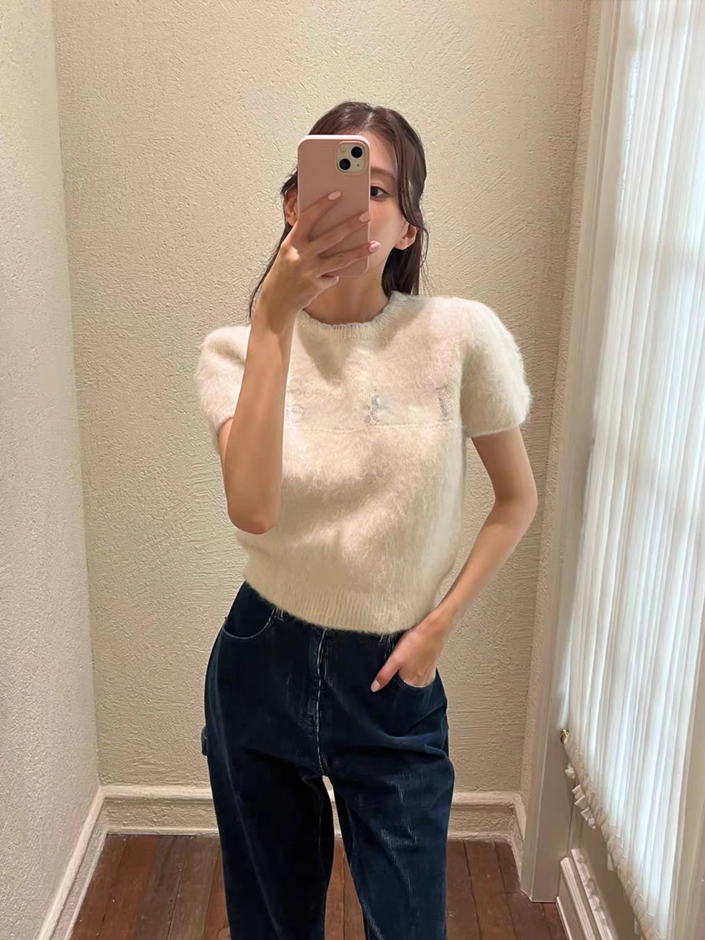 

MOSA 8 Plu Knitted ort Sve T-irt Women's Slim Fit Letter Print Top Commute Sle Casual Daily Wear Velvet Fabric