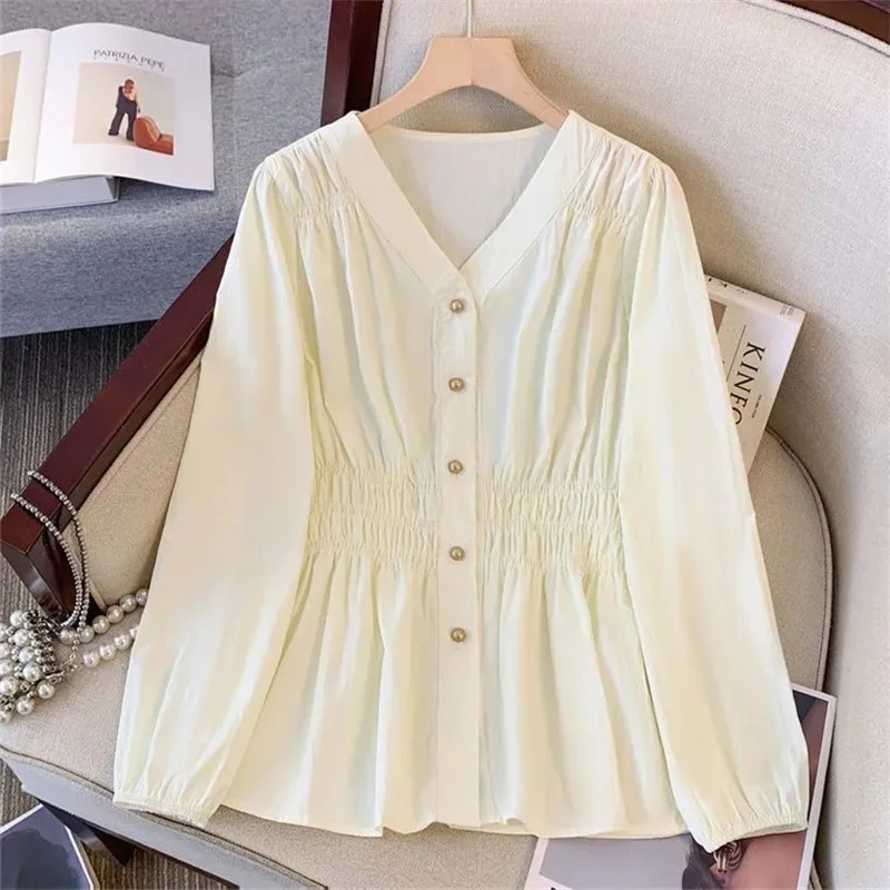 Neue Frauen Frühling Büro Dame Hemd Einfarbig Temperament V-ausschnitt Langarm Shirts Frauen Kleidung Casual Alle-spiel Elegante top