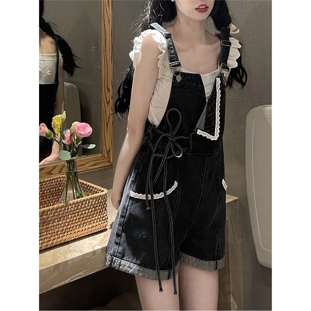 

Suspenders For Women Summer Denim Shorts Korean Style Wide Leg Jeans Pants Light Blue High Waisted Baggy Casual Fashion Shorts