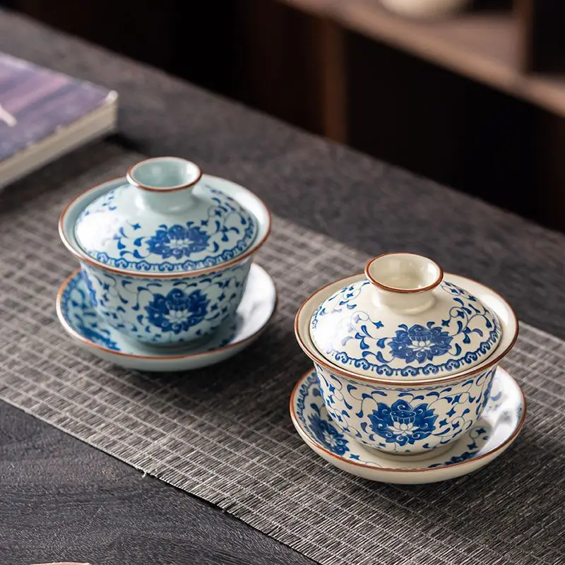 

150ml Ru Kiln open piece blue and white Gaiwan three handmade home ceramic tea bowl gift Kung fu tea set tea cup