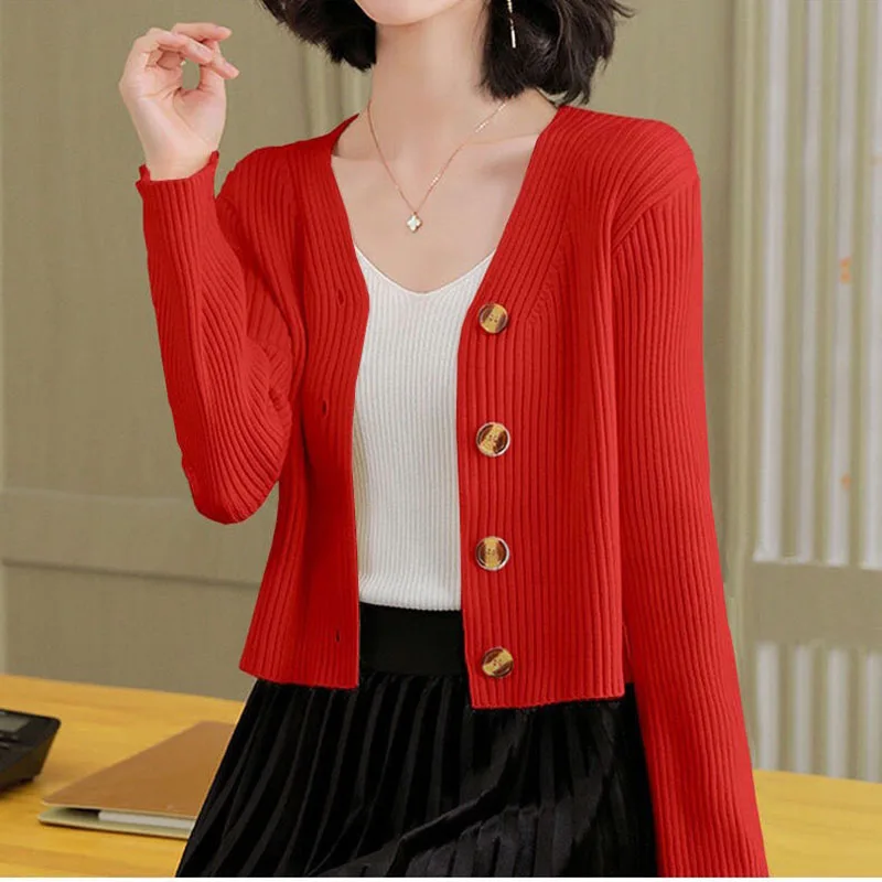 Fashion V-Neck Button All-match Cardigan Sweaters Women's Clothing 2022 Autumn New Solid Color Oversized Loose Korean Tops