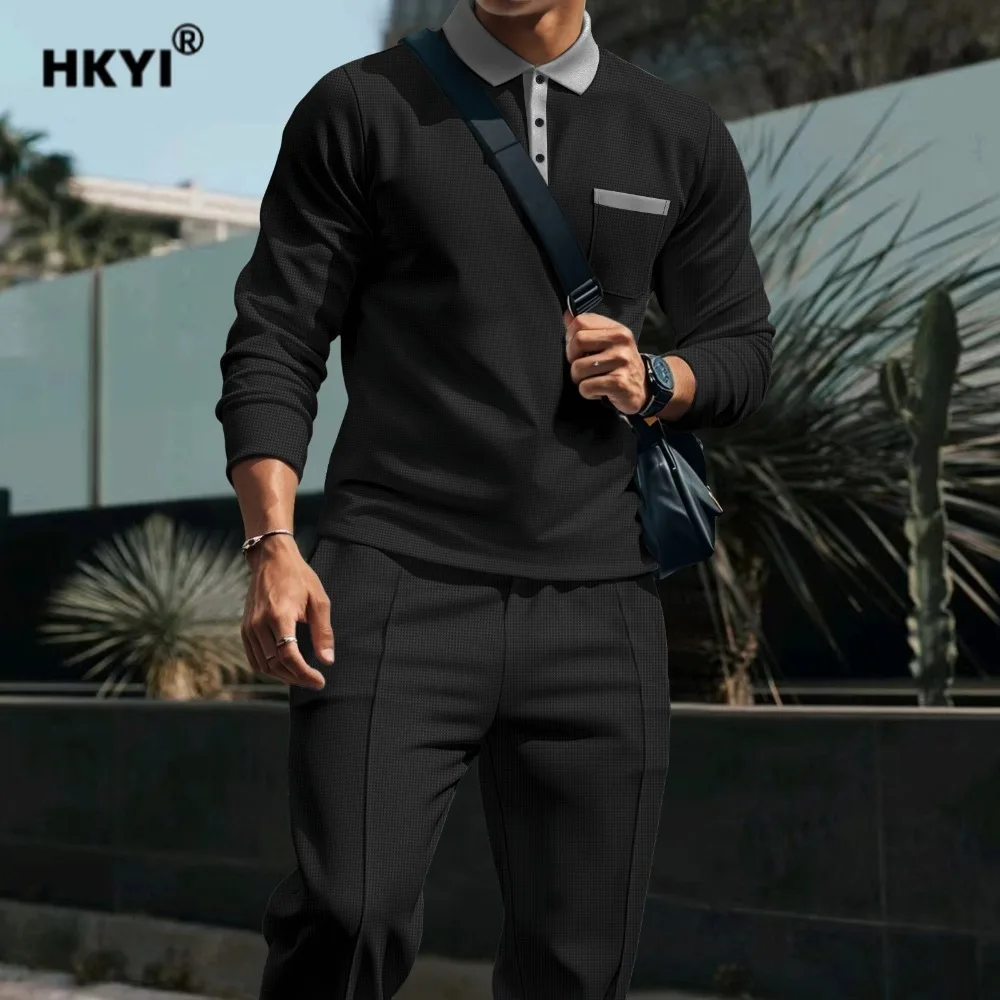 

HKYI Men's Casual Sports Outdoor Versatile Solid Color Collar Long Sleeve Pants Set