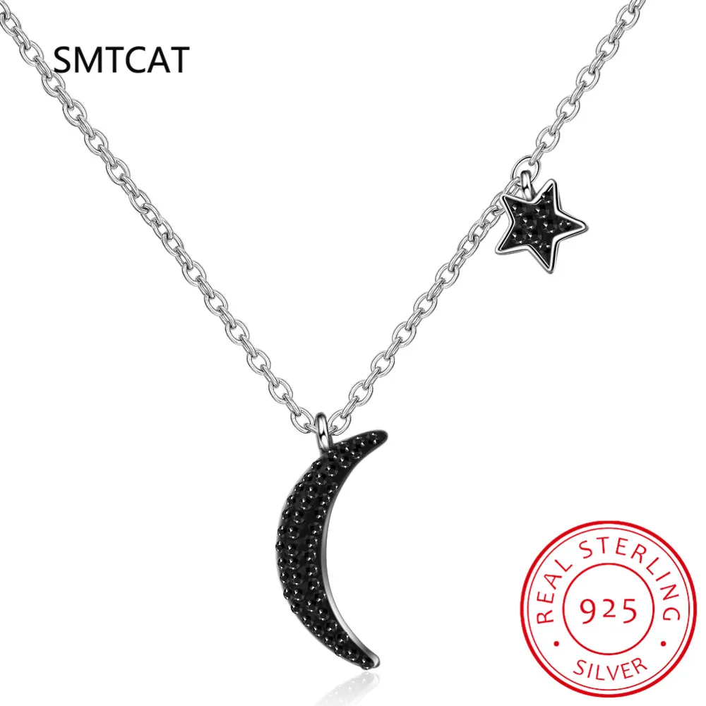 

Natural Black Spinel 925 Sterling Silver Moon Star Pendant Necklace for Women Statement Gemstone Jewelry Choker Colar de Prata