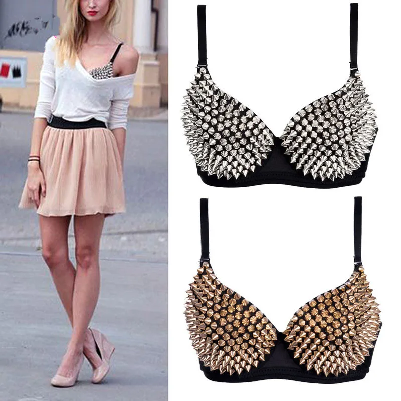 Biustonosz z nitami w kolorze srebrnym Seksowna bielizna Bralette Biustonosz Push Up Gothic Punk Rave Biustonosze dla kobiet Bielizna Brasier Mujer