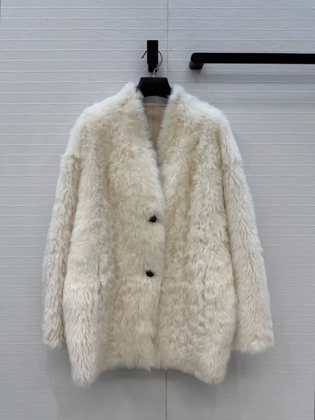 Women Natural Curly Sheepskin Shearling Fur Coat, V Neck Double Button Fur Integrated Jacket, Loose H-Shape Luxury Winter Genuin
