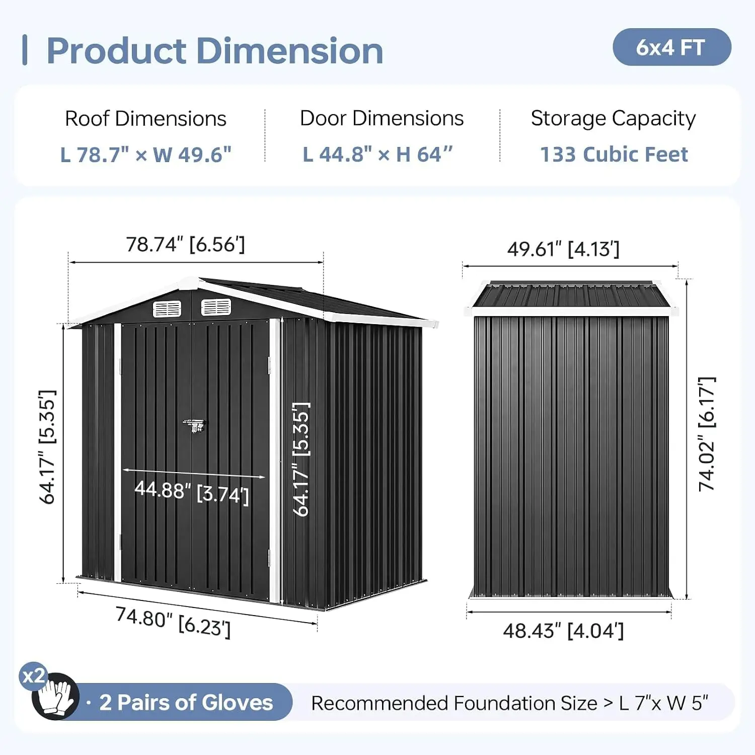 6x4FT Outdoor Storage Shed with Floor Black