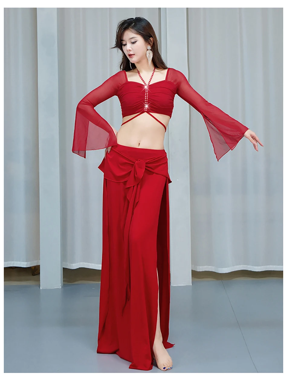 Костюм для танца живота, топ и юбка с длинными рукавами, комплект из 2 предметов для взрослых женщин, сценическое представление, сексуальная сетчатая одежда, тренировочная одежда