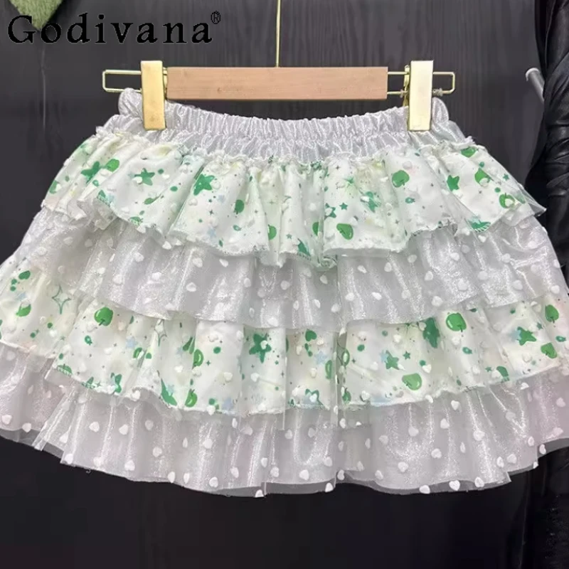 Gonna stile principessa Kawaii Lolita per ragazze Gonna giapponese dolce e carina con volant per torta Gonna da donna punk Y2k con stampa fiocco