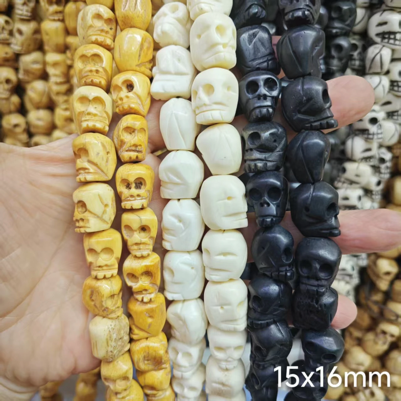 Many Size Genuine Ox Bone Black White Yellow Color Skull Head Carved Strand Loose Beads DIY Jewelry Making Findings