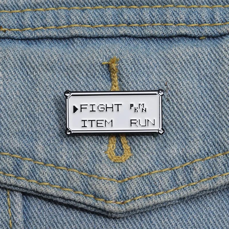 1PC Rectangle Text Enamel Pins Custom FIGHT ITEM RUN Brooches Lapel Badges Punk Jewelry Gift for Kids Friends