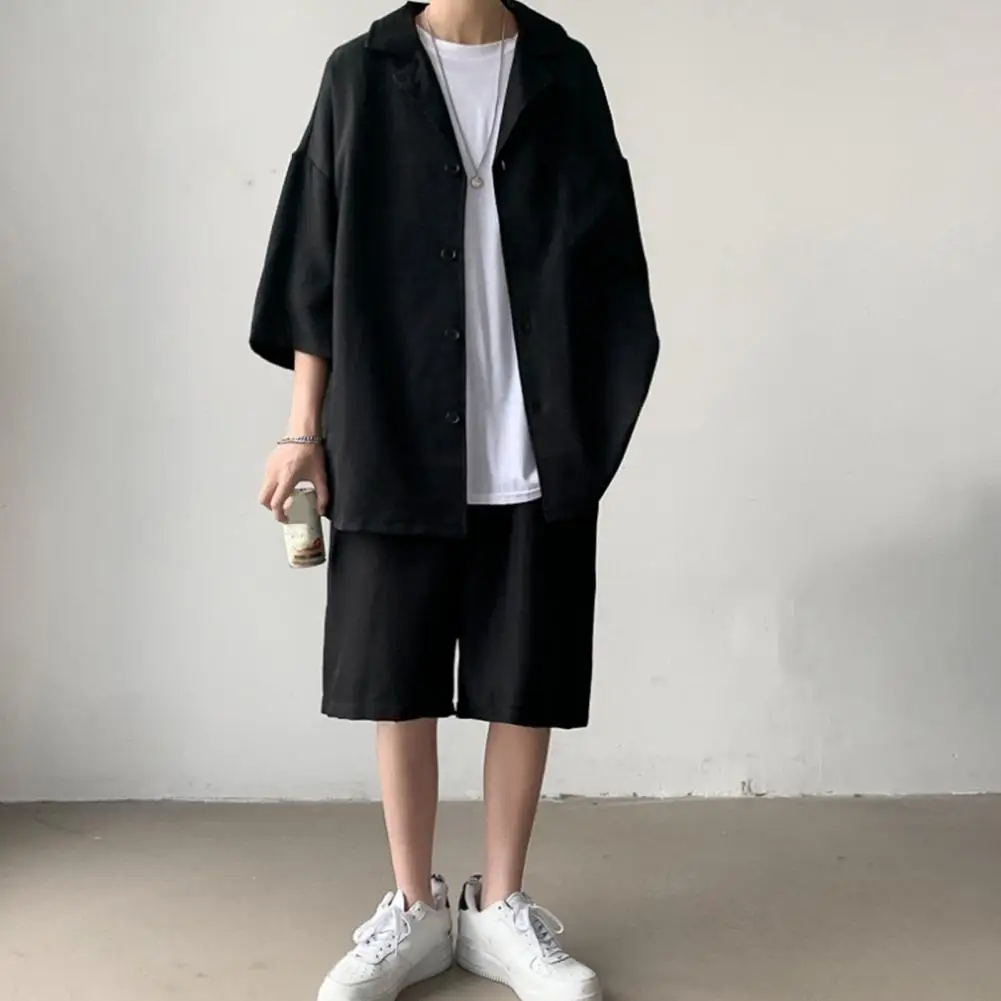 Conjunto de traje para hombre, camisa de solapa, pantalones cortos de cintura elástica, traje de ajuste suelto de Color sólido con bolsillo de