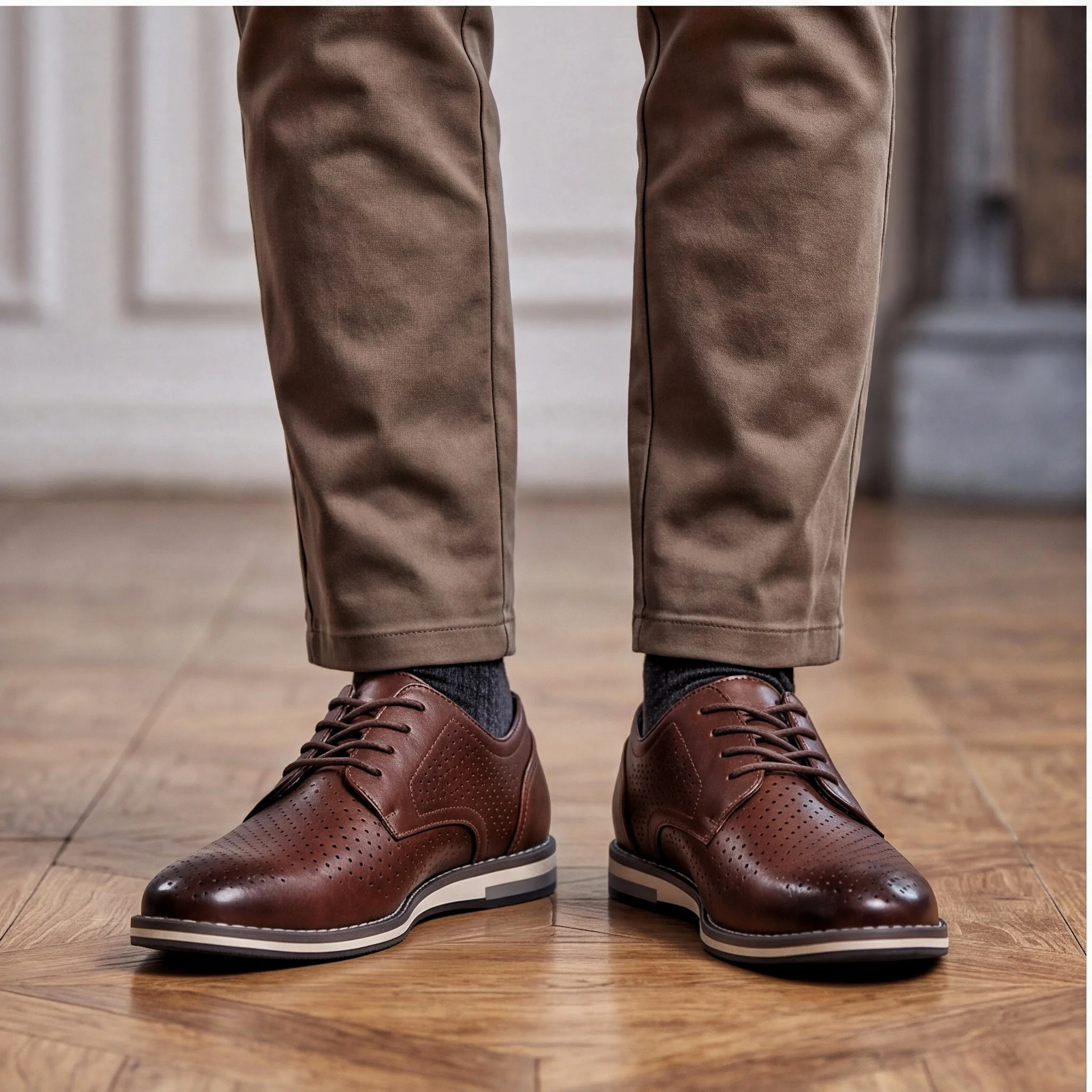 Braune atmungsaktive Herren-Freizeitschuhe, flache Schuhe mit Lochmuster, Herren-Sommerschuhe – Detail 7