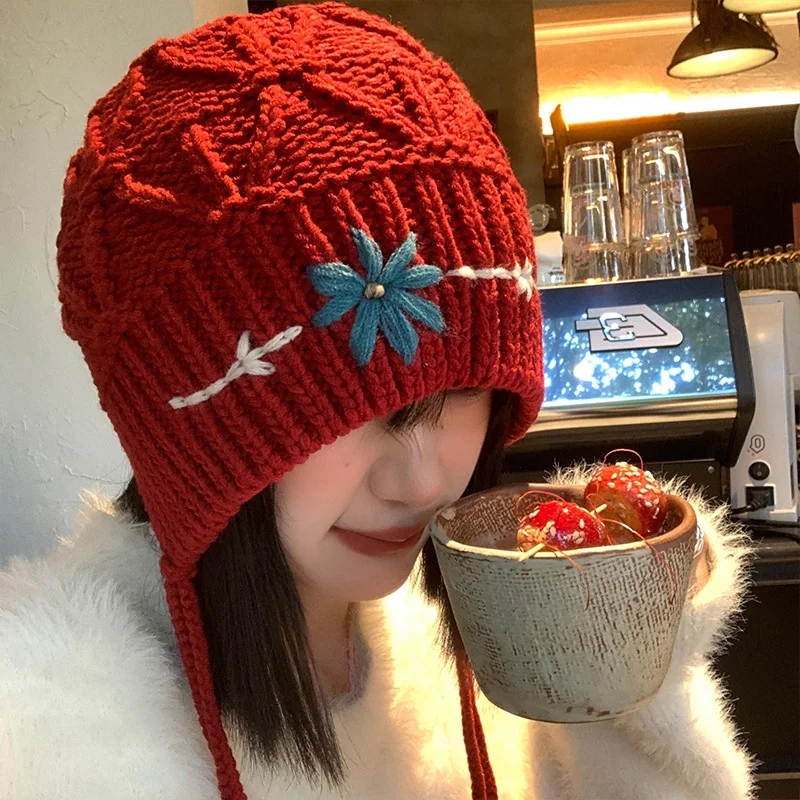 Bohemian Tassel Knitted Hat for Women Flower Crocheted Beanies Autumn Winter Warm Ear Protection Cap Girls Fashion Woolen Bonnet