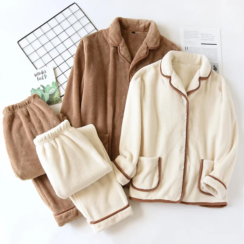 Autumn and winter new couples thickened coral fleece pajamas long-sleeved trousers two-piece flannel large size homewear suit