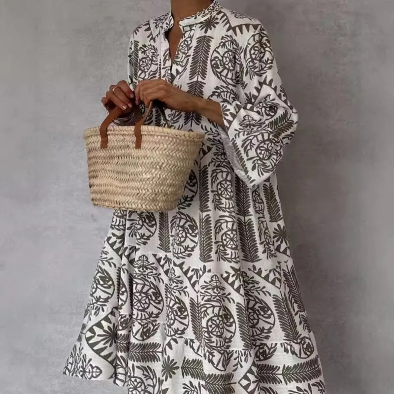 2024 New Dress Casual Elegant Printed Seven Quarter Sleeve Shirt Mid Skirt Women's V-neck Loose Waist Pullover A-line Skirt Y2k