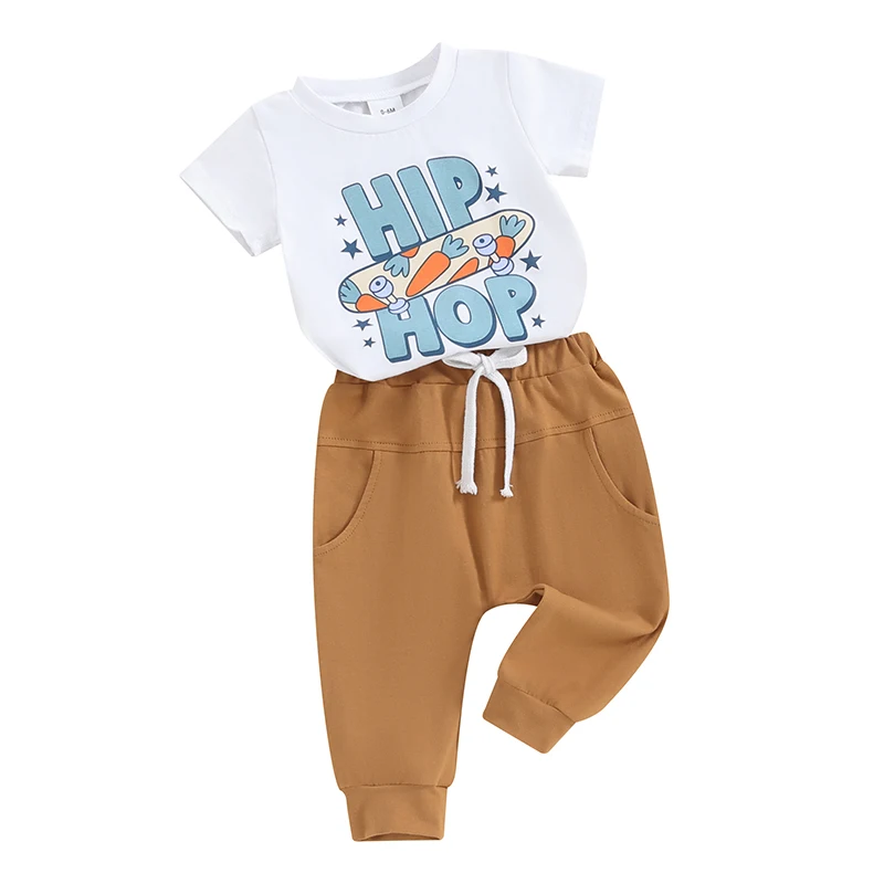 

Toddler Baby Boy Easter Clothes Bunny Letter Print Short Sleeve T Shirt Tops and Jogger Pants Infant Boy Outfit