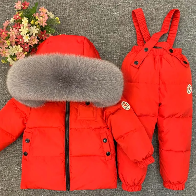 Winter Down Jacket Pants Real Fox Fur Hooded Parka Baby Overalls Warm Kids Coat Child Snowsuit Toddler Girl Clothes Set